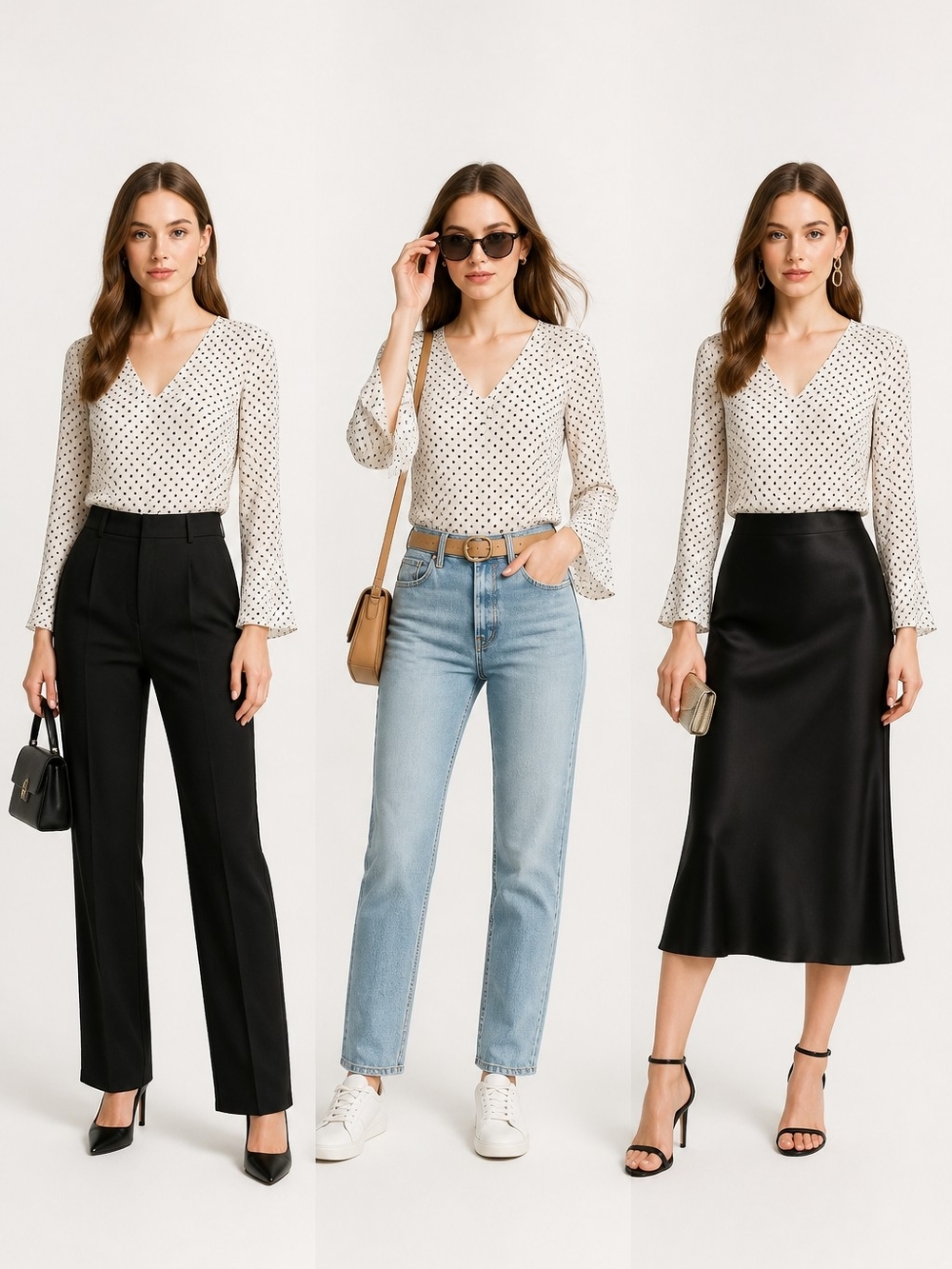 V-Neck Long-Sleeve Polka Dot Blouse - Cream/Black